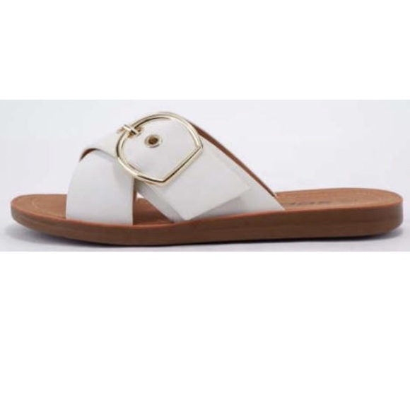 Off white adjustable gold accent buckle criss cross sandals - Picture 4 of 5
